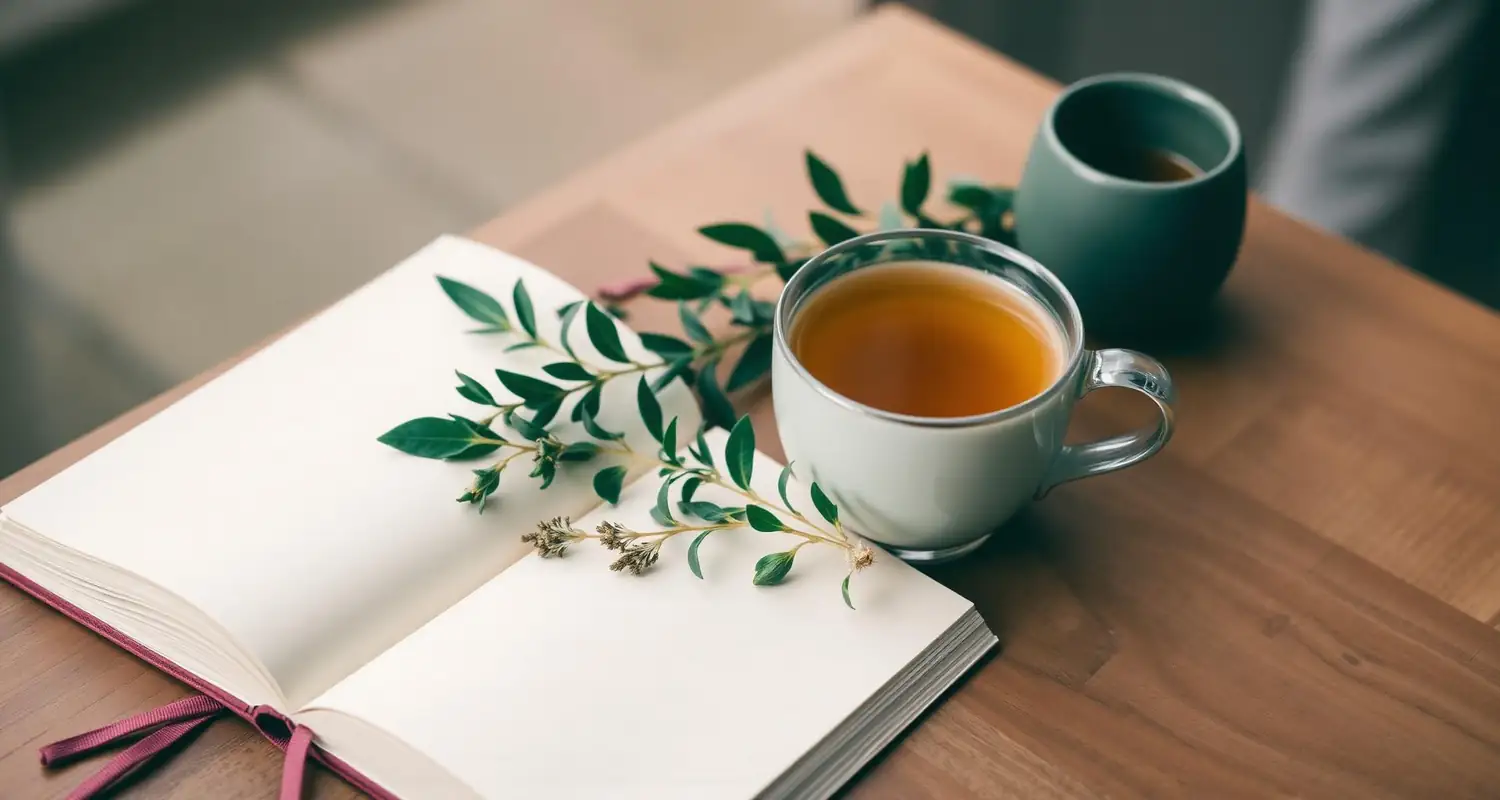 Open notebook with a cup of herbal tea and fresh greenery on a wooden table